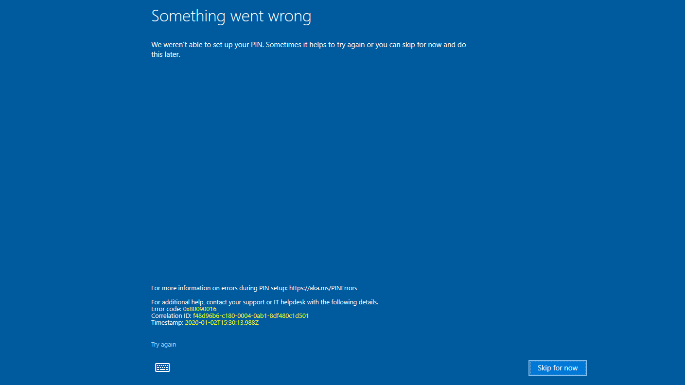 Windows Hello pin error 0x80090016